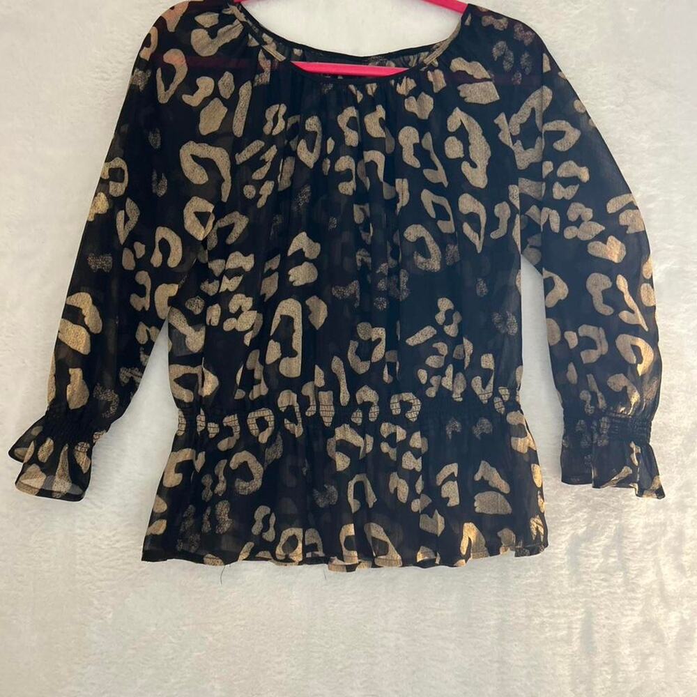 sheer Joneswear black and gold leopart blouse with ruffle hem‎ size 4